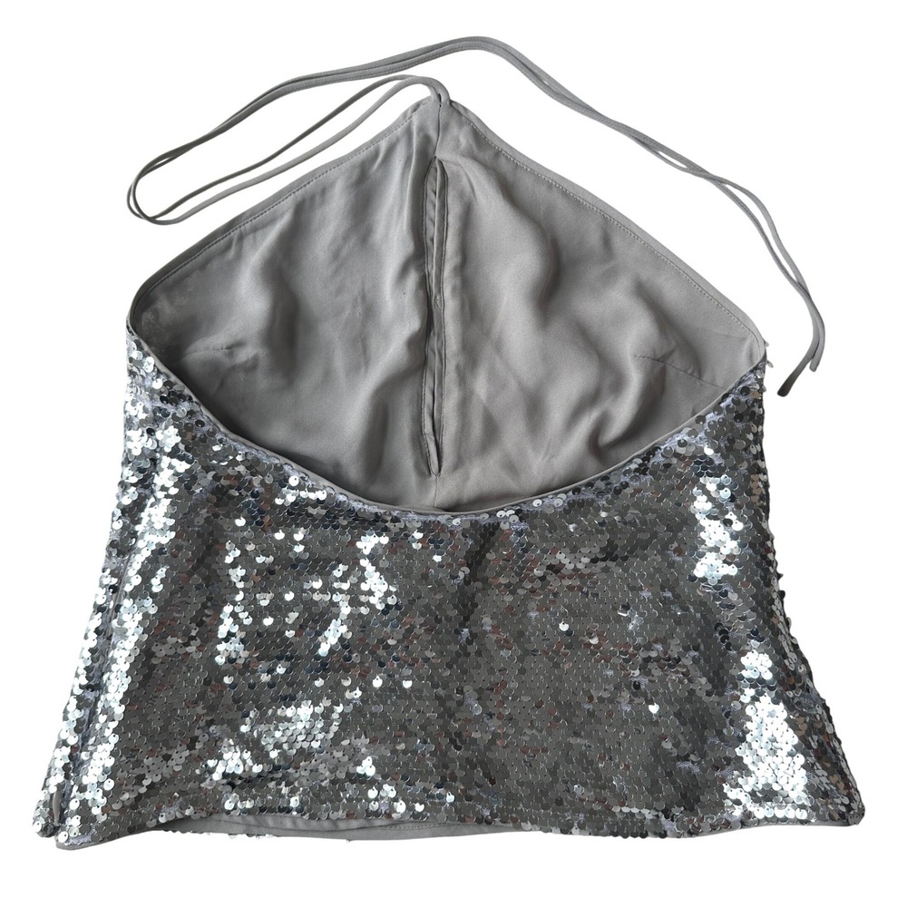 Reformation Tula Top Silver Sequin Halter Top Open Back 0 - Picture 4 of 8